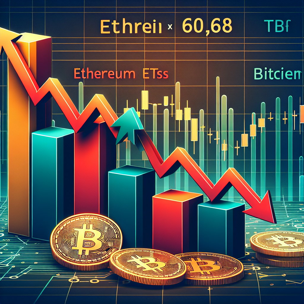 "Bar graph image showcasing a downward trend in Ethereum ETFs, including BlackRock's ETHA, Grayscales ETHE, and Bitwise's ETHW, represented with stark red arrows, against an upward trend in Bitcoin ETFs, indicated by a climbing green arrow from BlackRock's iShares Bitcoin Trust. The dominant colors, orange, dark blue, and midnight blue reflect the respective brand identities. Text highlighting the decrease in Ethereum and increase in Bitcoin reinforces the key theme. Picture dimensions: 1200 x 628 pixels."