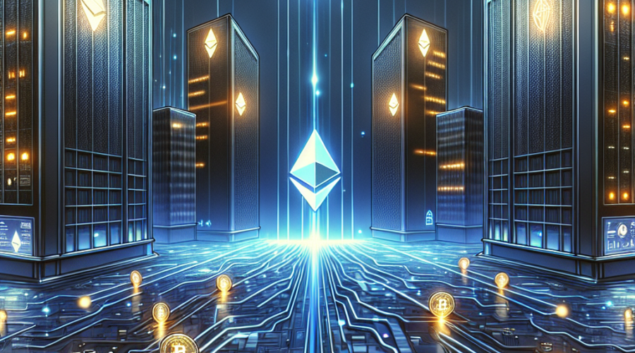 **SEO Alt-text:** Sleek digital illustration for a fintech blog featuring towering corporate buildings with glowing Ethereum logos reflected on glass facades. Streams of Ethereum coins flow from company treasuries, merging into a centralized, radiant ETH icon at the center. The deep midnight and dark blue background displays blockchain-inspired elements: circuitry patterns, data grids, and rising graphs. Dynamic orange accents highlight Ethereum symbols and glowing effects, conveying institutional confidence and the transformative power of Ethereum. Image size: 1200 x 628 pixels.