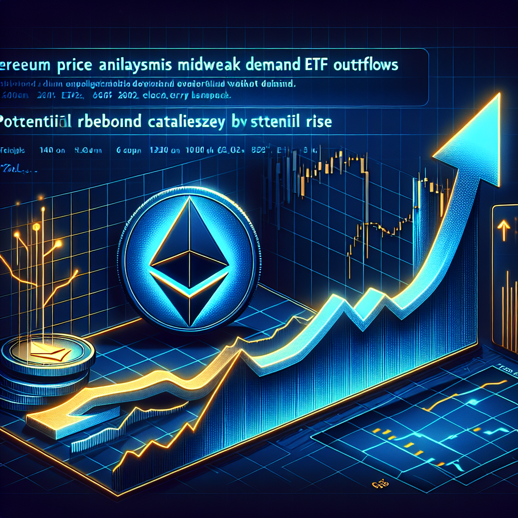 "Graph chart showing fluctuating Ethereum price with bullish flag symbol, shiny Ethereum coin, and silhouette of an ETF outflow against a midnight blue background. Orange upward trend arrow indicating potential rebound. Headline in brand orange color reading 'Ethereum Price Analysis Amid Weak Demand and ETF Outflows' with dark blue subhead 'Potential Rebound Catalyzed by Stablecoin Growth'. Image dimensions are 1200x628 pixels."