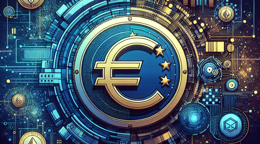 SEO Optimized Alt-Text: Sleek modern graphic at 1200x628 pixels depicting EURAU euro-backed stablecoin at the center of European institutional blockchain finance; digital euro tokens radiate security and trust, connecting Ethereum, Solana, and Polygon networks via dynamic digital pathways. Subtle motifs for Deutsche Bank, DWS, and Chainlink represent strong tech and financial partnerships. Compliance and innovation conveyed through references to EU regulations and MiCA framework. Professional fintech design in orange (#FF9811), dark blue (#000D43), and midnight blue (#021B88), suitable for a European fintech or DeFi audience.