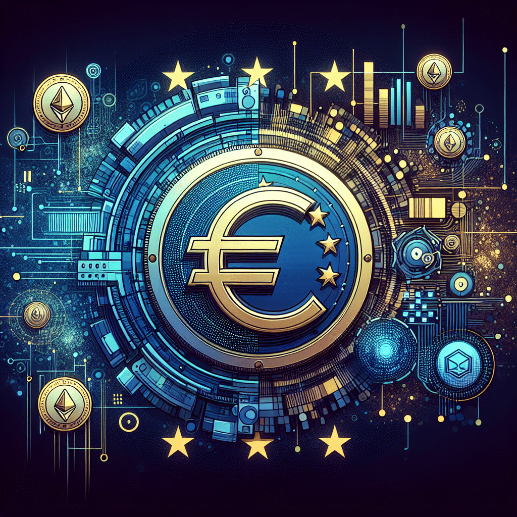 SEO Optimized Alt-Text: Sleek modern graphic at 1200x628 pixels depicting EURAU euro-backed stablecoin at the center of European institutional blockchain finance; digital euro tokens radiate security and trust, connecting Ethereum, Solana, and Polygon networks via dynamic digital pathways. Subtle motifs for Deutsche Bank, DWS, and Chainlink represent strong tech and financial partnerships. Compliance and innovation conveyed through references to EU regulations and MiCA framework. Professional fintech design in orange (#FF9811), dark blue (#000D43), and midnight blue (#021B88), suitable for a European fintech or DeFi audience.