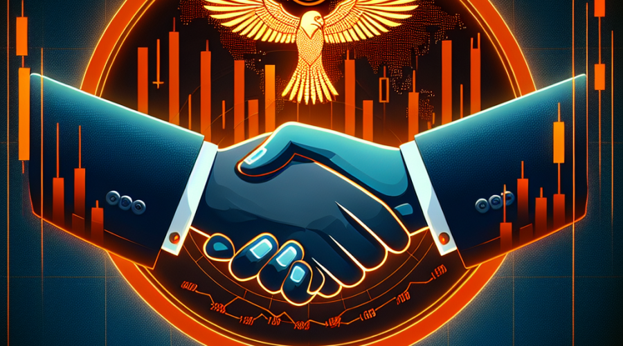 "Handshake symbolizing the merger between FalconX and 21Shares with company logos on a digital financial market growth chart, with bold text highlighting 'FalconX Acquires 21Shares' and 'Expanding CryptoBrokerage Capabilities' against an elegant midnight and dark blue gradient background."