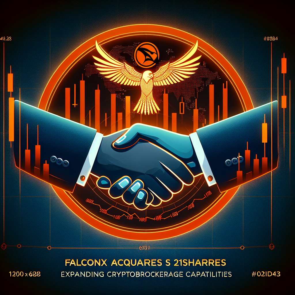"Handshake symbolizing the merger between FalconX and 21Shares with company logos on a digital financial market growth chart, with bold text highlighting 'FalconX Acquires 21Shares' and 'Expanding CryptoBrokerage Capabilities' against an elegant midnight and dark blue gradient background."