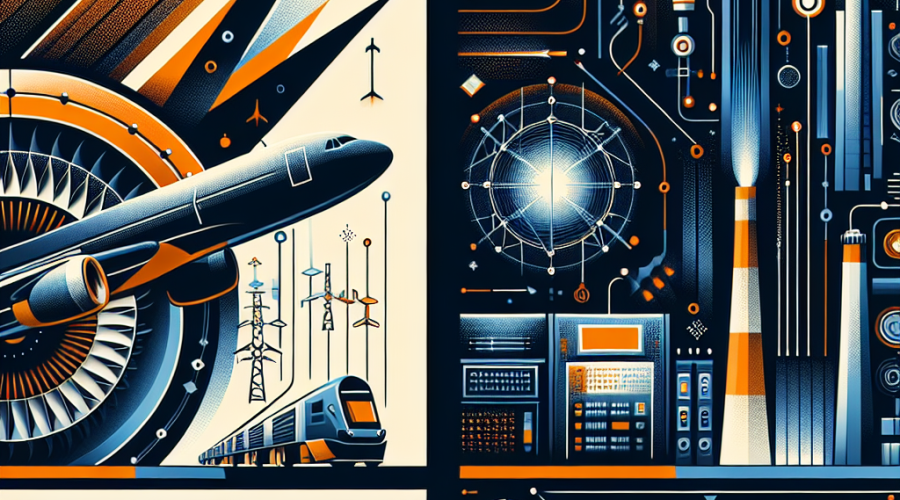 GE Aerospace and GE Vernova Drive Strong Growth With Earnings Beats Supply Chain Strength and Global Trade Opportunities 4 **SEO-Optimized Alt-Text:** Sleek, modern rectangular image (1200x628 pixels) visually split into two sections using GE brand colors—#FF9811 orange, #000D43 dark blue, and #021B88 midnight blue. The left side displays dynamic aerospace visuals such as a high-tech jet engine and a commercial airplane in flight, representing GE Aerospace. The right side highlights GE Vernova’s energy solutions, featuring glowing electric grids, a luminous transmission tower, and a stylized nuclear plant. Abstract arrows and subtle world map patterns in the background hint at global trade. Sharp geometric shapes and a cohesive color scheme create a bold, innovative, and professional branded appearance.