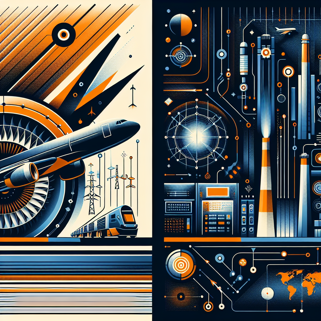 **SEO-Optimized Alt-Text:** Sleek, modern rectangular image (1200x628 pixels) visually split into two sections using GE brand colors—#FF9811 orange, #000D43 dark blue, and #021B88 midnight blue. The left side displays dynamic aerospace visuals such as a high-tech jet engine and a commercial airplane in flight, representing GE Aerospace. The right side highlights GE Vernova’s energy solutions, featuring glowing electric grids, a luminous transmission tower, and a stylized nuclear plant. Abstract arrows and subtle world map patterns in the background hint at global trade. Sharp geometric shapes and a cohesive color scheme create a bold, innovative, and professional branded appearance.
