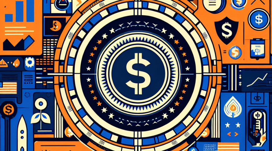 **SEO Alt-Text:** Modern digital illustration featuring a stylized stablecoin depicted as a digital coin with a prominent dollar symbol, surrounded by regulatory symbols including shields, legal scrolls, and classical pillars to signify federal protection and law. The artwork uses a vibrant color palette of orange, dark blue, and midnight blue, with subtle American motifs like a US flag pattern and Capitol building silhouette in the background. The image conveys transparency, trust, and regulatory clarity, representing the future of stablecoins in the United States. Clean, professional, and tech-oriented design suitable for fintech or regulatory blog branding.