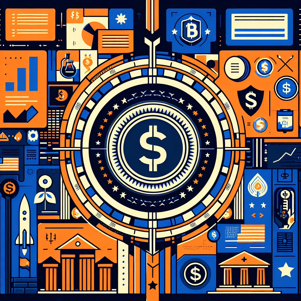 **SEO Alt-Text:** Modern digital illustration featuring a stylized stablecoin depicted as a digital coin with a prominent dollar symbol, surrounded by regulatory symbols including shields, legal scrolls, and classical pillars to signify federal protection and law. The artwork uses a vibrant color palette of orange, dark blue, and midnight blue, with subtle American motifs like a US flag pattern and Capitol building silhouette in the background. The image conveys transparency, trust, and regulatory clarity, representing the future of stablecoins in the United States. Clean, professional, and tech-oriented design suitable for fintech or regulatory blog branding.