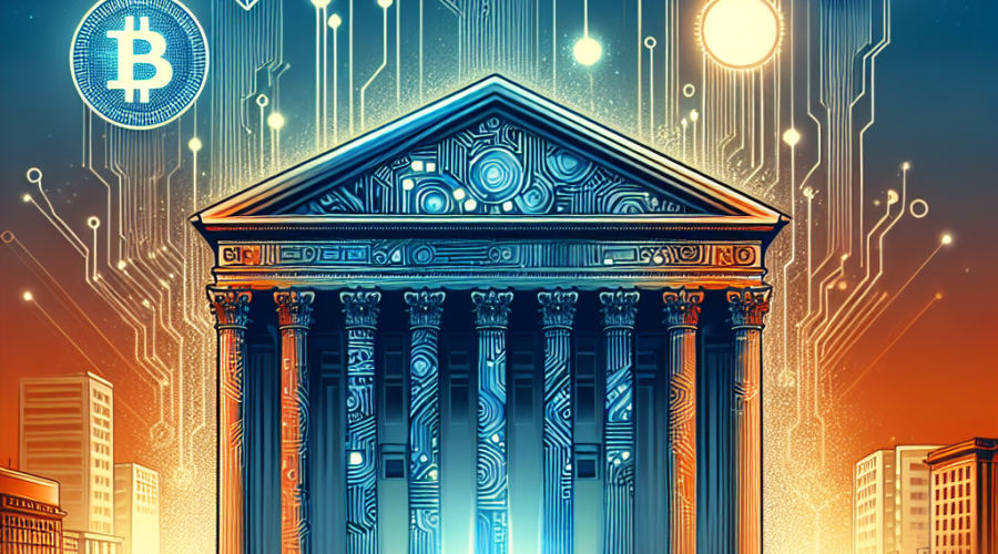 **SEO-focused alt-text:** Digital illustration of the U.S. Capitol building integrated with circuit patterns and blockchain chains, representing the intersection of government and cryptocurrency regulation; glowing symbols of Bitcoin and stablecoins hover above, set against a gradient background in vibrant orange, dark blue, and midnight blue with white and light blue accents, sized 1200 x 628 pixels for a WordPress blog post on crypto policy and regulation.