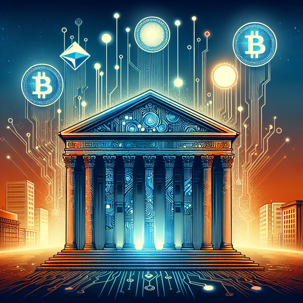 **SEO-focused alt-text:** Digital illustration of the U.S. Capitol building integrated with circuit patterns and blockchain chains, representing the intersection of government and cryptocurrency regulation; glowing symbols of Bitcoin and stablecoins hover above, set against a gradient background in vibrant orange, dark blue, and midnight blue with white and light blue accents, sized 1200 x 628 pixels for a WordPress blog post on crypto policy and regulation.