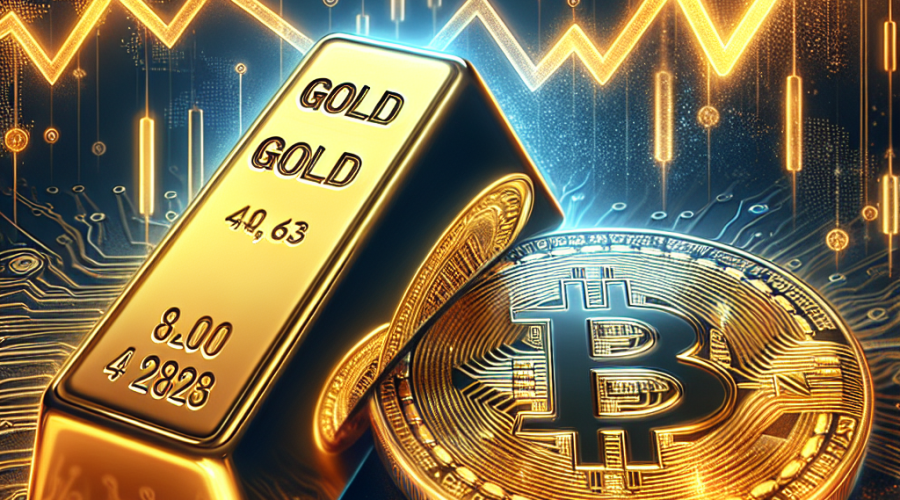 Certainly! Here is an SEO-optimized alt-text description for the image you described: **ALT-TEXT:** Illustration of a large, shining gold bar with a prominent upward trend line alongside a digital Bitcoin icon showing a sharp downward trajectory, symbolizing gold reaching an all-time high as Bitcoin declines. The scene includes abstract charts of fluctuating interest rates and faint world map outlines, visually referencing global economic uncertainty. The design features a polished, modern aesthetic using orange (#FF9811), dark blue (#000D43), and midnight blue (#021B88), highlighting the contrast between stable gold and volatile cryptocurrency in today’s financial markets. This alt-text includes relevant SEO keywords for financial blogs, gold, cryptocurrency, and economic uncertainty while being highly descriptive of the image’s content.
