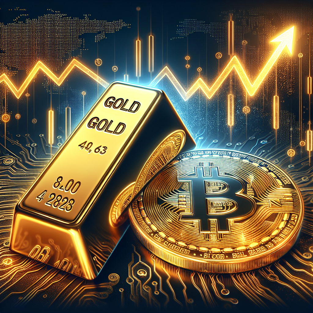 Certainly! Here is an SEO-optimized alt-text description for the image you described: **ALT-TEXT:** Illustration of a large, shining gold bar with a prominent upward trend line alongside a digital Bitcoin icon showing a sharp downward trajectory, symbolizing gold reaching an all-time high as Bitcoin declines. The scene includes abstract charts of fluctuating interest rates and faint world map outlines, visually referencing global economic uncertainty. The design features a polished, modern aesthetic using orange (#FF9811), dark blue (#000D43), and midnight blue (#021B88), highlighting the contrast between stable gold and volatile cryptocurrency in today’s financial markets. This alt-text includes relevant SEO keywords for financial blogs, gold, cryptocurrency, and economic uncertainty while being highly descriptive of the image’s content.