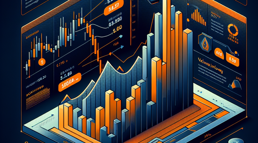 "SEO optimized illustration of a bullish Falling Wedge pattern in HBAR value displayed as a rising graph chart, breaking through the $0.21 mark and aiming for $0.30. Image displays volume inflows indicating strong support, with a nod to a DTCC ETF listing news headline and Archax development. Predominantly in hues of Orange, Dark Blue, and Midnight Blue for a WordPress blog post. A clear, uncluttered design, perfectly sized at 1200 x 628 pixels, including space for a heading."