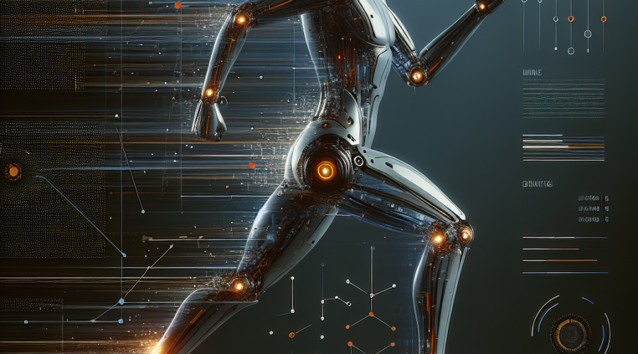 **SEO-focused alt-text:** Futuristic humanoid robot mid-stride with vibrant orange (#FF9811) accents on joints, surrounded by dynamic data streams and motion lines, demonstrating real-time capture and translation of human motion into digital algorithms; transparent sensors and digital grids illustrate advanced data analysis in a sleek, high-tech setting with a deep dark blue (#000D43) background and midnight blue (#021B88) details, designed horizontally (1200x628 px) for professional technology blog use.