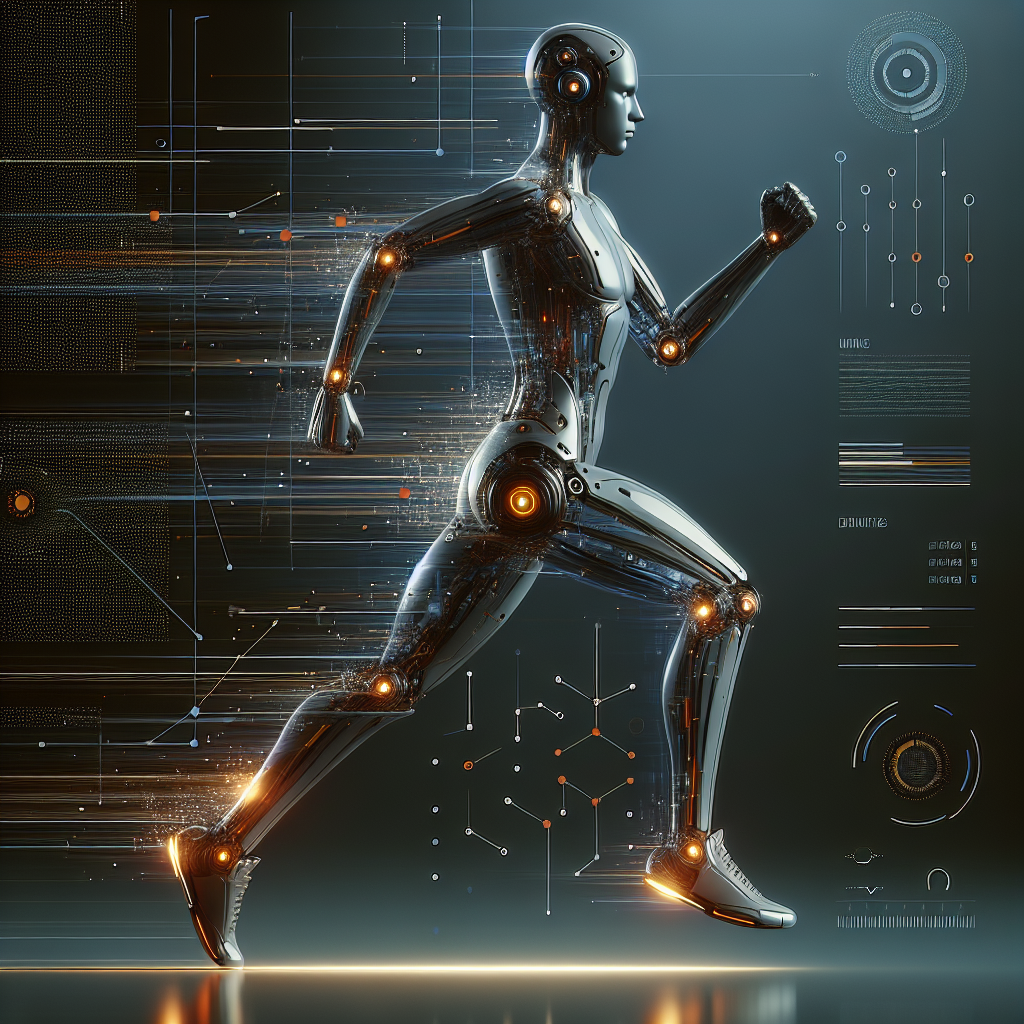 **SEO-focused alt-text:** Futuristic humanoid robot mid-stride with vibrant orange (#FF9811) accents on joints, surrounded by dynamic data streams and motion lines, demonstrating real-time capture and translation of human motion into digital algorithms; transparent sensors and digital grids illustrate advanced data analysis in a sleek, high-tech setting with a deep dark blue (#000D43) background and midnight blue (#021B88) details, designed horizontally (1200x628 px) for professional technology blog use.