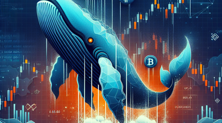 SEO Alt Text: Bold modern digital illustration featuring a shadowy whale silhouette, symbolizing a crypto whale making massive leveraged Bitcoin short trades on Hyperliquid. The whale is partially submerged in stylized digital liquid, surrounded by plunging Bitcoin price candlestick charts, vibrant orange (#FF9811), dark blue (#000D43), and midnight blue (#021B88) branding. The design includes Bitcoin symbols, binary code, and market graphs, with a blockchain explorer-inspired background, conveying secrecy and high-stakes trading in a professional, cohesive layout.