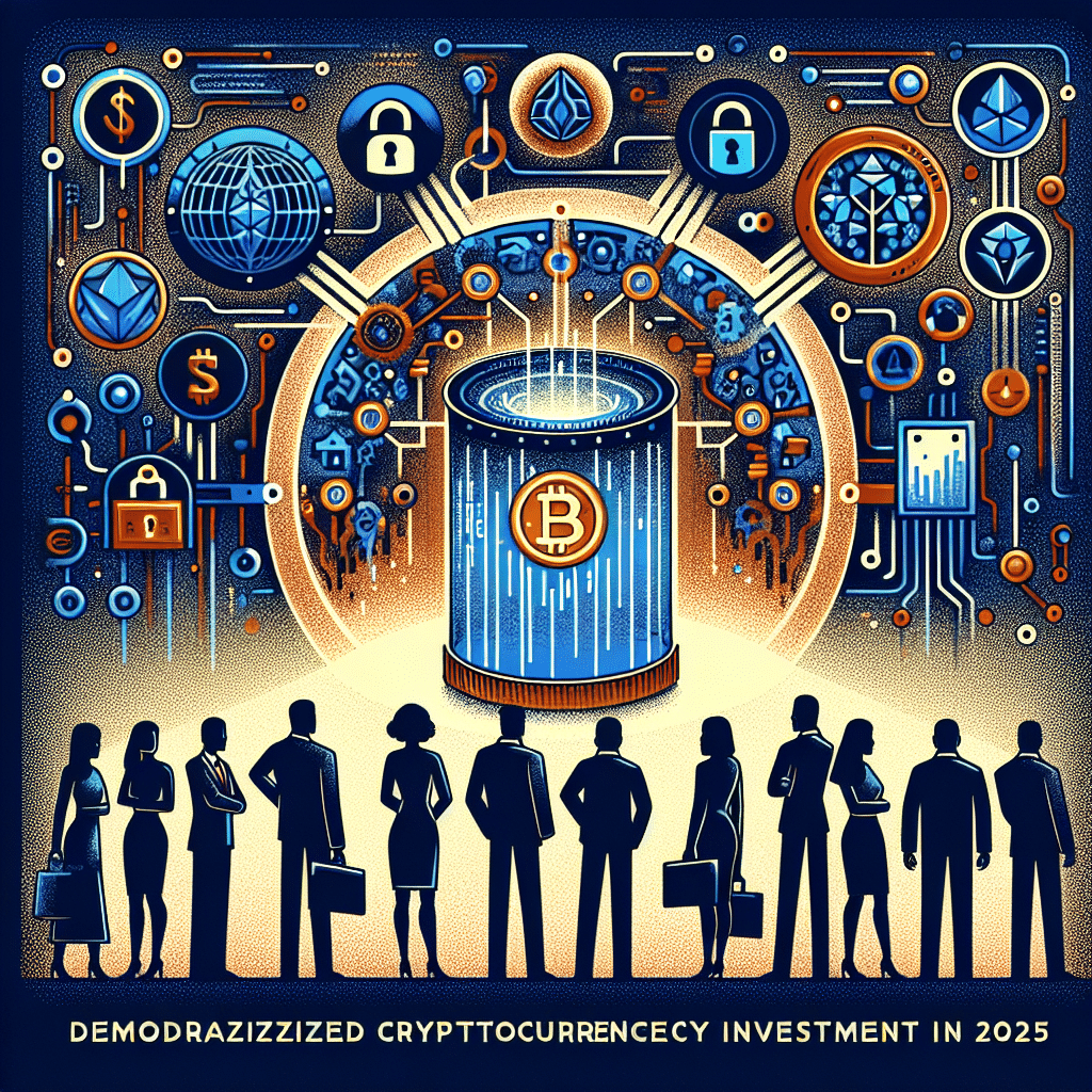 **SEO-focused alt-text:** Modern digital illustration depicting democratized crypto investing in 2025, featuring a futuristic crypto platform interface at the center surrounded by abstract AI and blockchain network motifs, unlocked vaults symbolizing access to private markets, and diverse investor silhouettes interacting confidently with the platform; designed in vibrant orange (#FF9811), dark blue (#000D43), and midnight blue (#021B88) brand colors, radiating inclusion, innovation, and financial growth—1200x628 pixels.