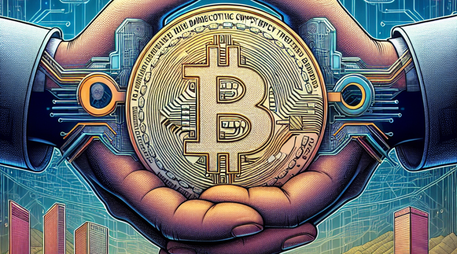 "Digital illustration of hands holding Bitcoin against a backdrop of Japanese financial buildings, symbolising Japan's embracement of crypto trading. Overlayed with futuristic digital yen symbol represents impending yen-pegged stablecoin. Image crafted with brand colours #FF9811, #000D43, #021B88, aligning with the FSA's regulatory framework. Image size: 1200x628 pixels."