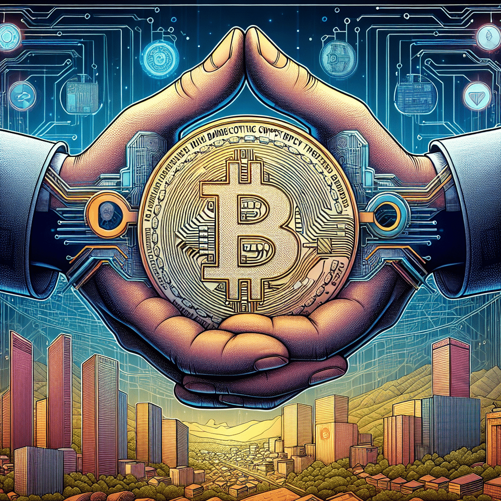 "Digital illustration of hands holding Bitcoin against a backdrop of Japanese financial buildings, symbolising Japan's embracement of crypto trading. Overlayed with futuristic digital yen symbol represents impending yen-pegged stablecoin. Image crafted with brand colours #FF9811, #000D43, #021B88, aligning with the FSA's regulatory framework. Image size: 1200x628 pixels."