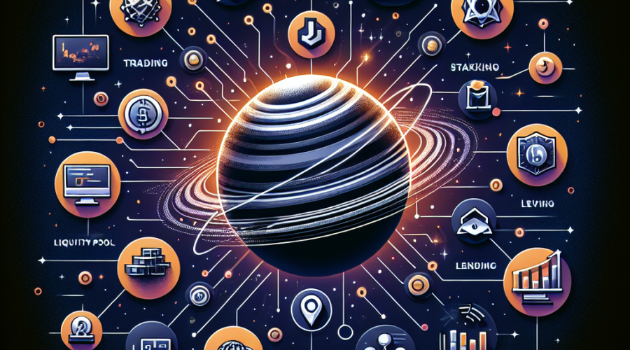 SEO Alt-Text: "Modern digital illustration of Jupiter as the central DeFi superapp on the Solana blockchain, surrounded by interconnected icons for trading, liquidity pools, lending, staking, token launchpad, and token verification. Vibrant network hub radiates from a prominent Jupiter logo, with overlaid financial charts, rising revenue and token growth graphs, all in dynamic orange, deep dark blue, and midnight blue brand colors—perfect hero image for a finance and crypto-focused WordPress blog."