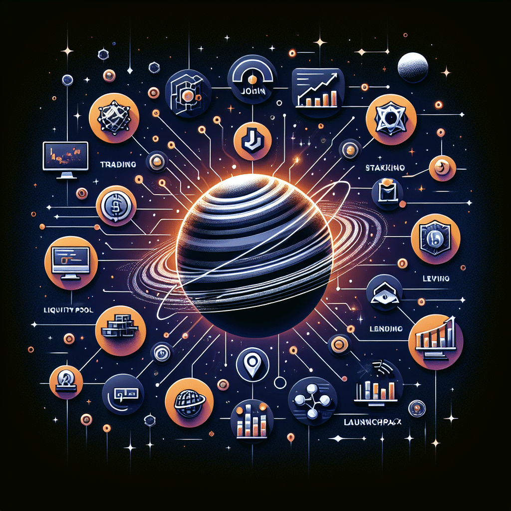 SEO Alt-Text: "Modern digital illustration of Jupiter as the central DeFi superapp on the Solana blockchain, surrounded by interconnected icons for trading, liquidity pools, lending, staking, token launchpad, and token verification. Vibrant network hub radiates from a prominent Jupiter logo, with overlaid financial charts, rising revenue and token growth graphs, all in dynamic orange, deep dark blue, and midnight blue brand colors—perfect hero image for a finance and crypto-focused WordPress blog."
