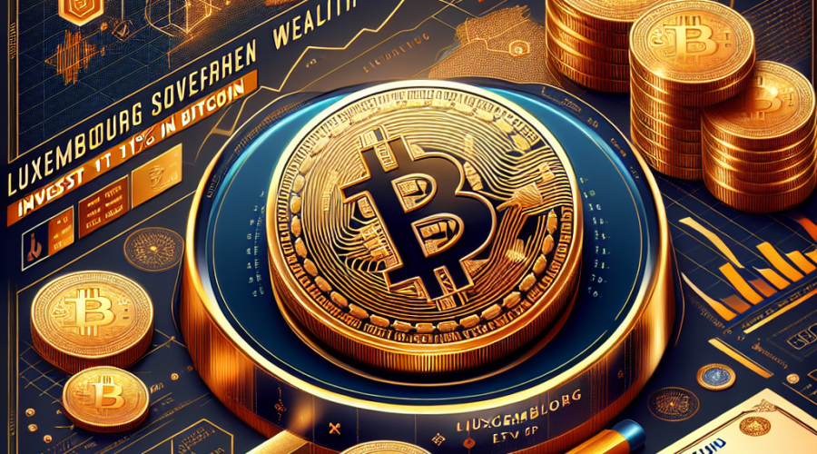 "An optimistic illustration of cryptocurrency investment, displaying a luxury gold Bitcoin coin situated atop a map of Luxembourg. Background showcases high-quality bonds and ETFs, utilizing a color palette of primarily Orange and Dark Blue with splashes of Midnight Blue for contrast. Subtly integrated text announces 'Luxembourg Sovereign Wealth Fund Invests 1% in Bitcoin', underscoring the balance of risk and potential reward in the realm of digital currency investment."