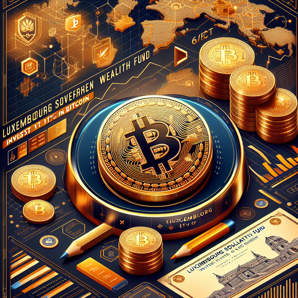 "An optimistic illustration of cryptocurrency investment, displaying a luxury gold Bitcoin coin situated atop a map of Luxembourg. Background showcases high-quality bonds and ETFs, utilizing a color palette of primarily Orange and Dark Blue with splashes of Midnight Blue for contrast. Subtly integrated text announces 'Luxembourg Sovereign Wealth Fund Invests 1% in Bitcoin', underscoring the balance of risk and potential reward in the realm of digital currency investment."