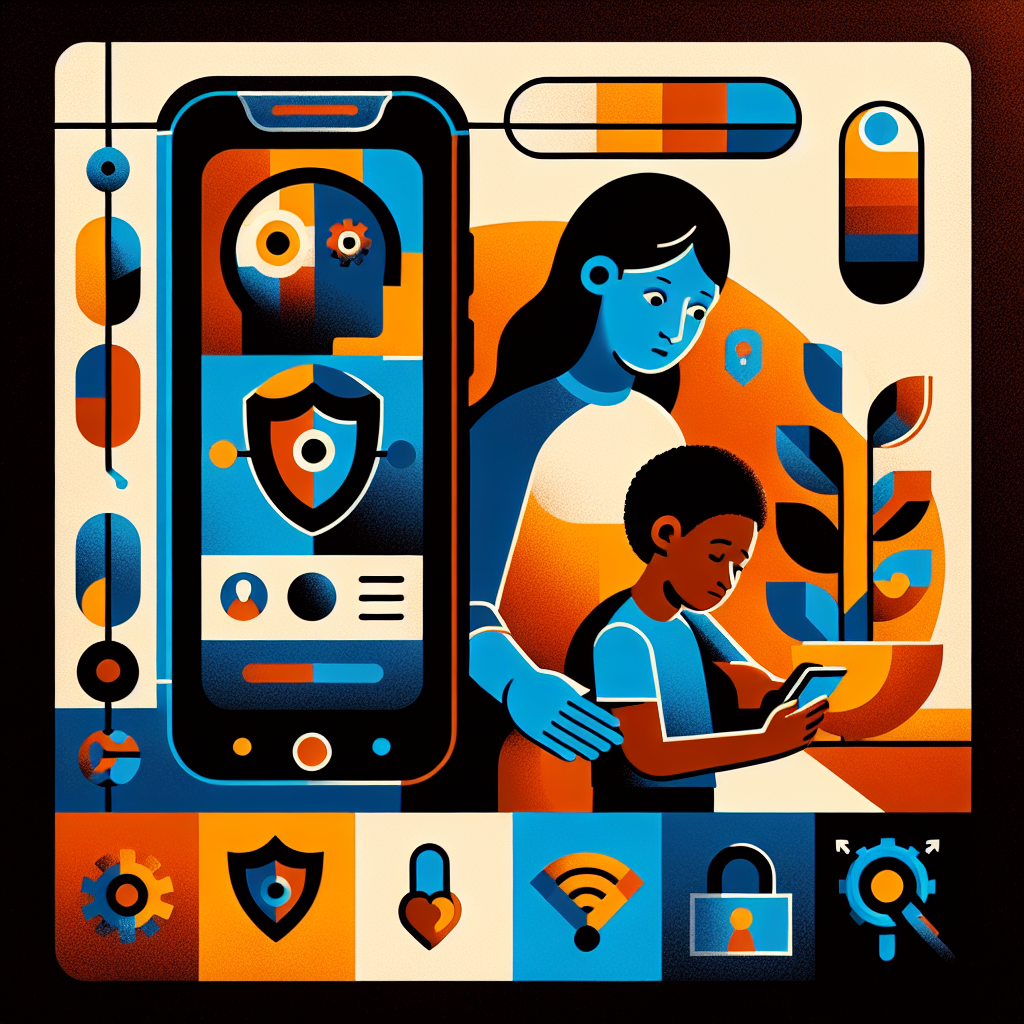 **SEO-Optimized Alt Text:** Modern illustration showing a smiling teenager using a smartphone displaying Instagram, with layered icons for AI chatbots and parental controls. A diverse, concerned parent supervises in the background, surrounded by shield, lock, and filter icons symbolizing digital safety and protection. The scene features vibrant orange, dark blue, and midnight blue brand colors, conveying trust, responsibility, and the balance of innovation and security in social media use. Ideal for topics on parental controls, online safety, and responsible AI technology.