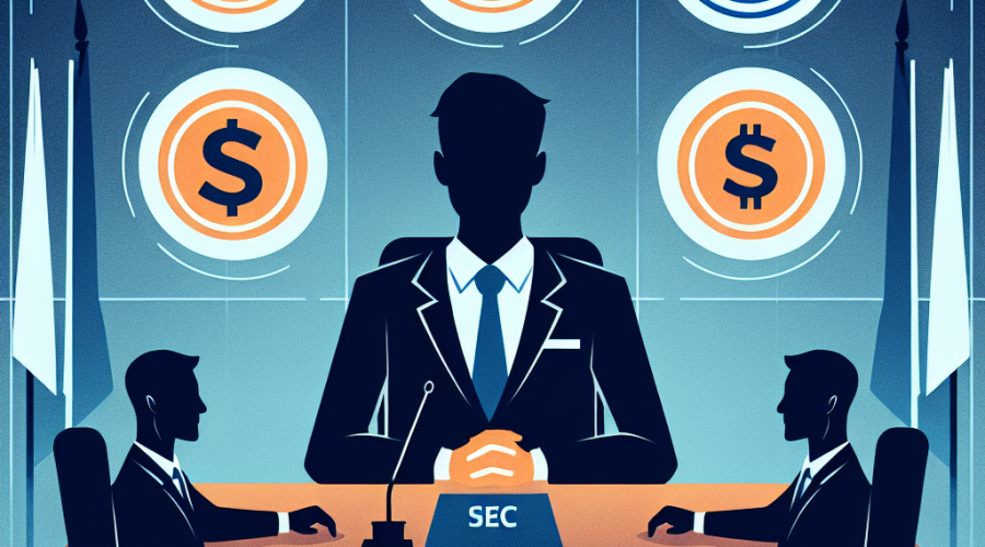 "Mike Selig leading a conference discussion with SEC and CFTC logos in the background, with cryptocurrency symbols indicating regulation; image utilizes brand colors Orange #FF9811, Dark Blue #000D43, and Midnight Blue #021B88 in logos and borders, in a 1200 x 628 pixel dimensions."
