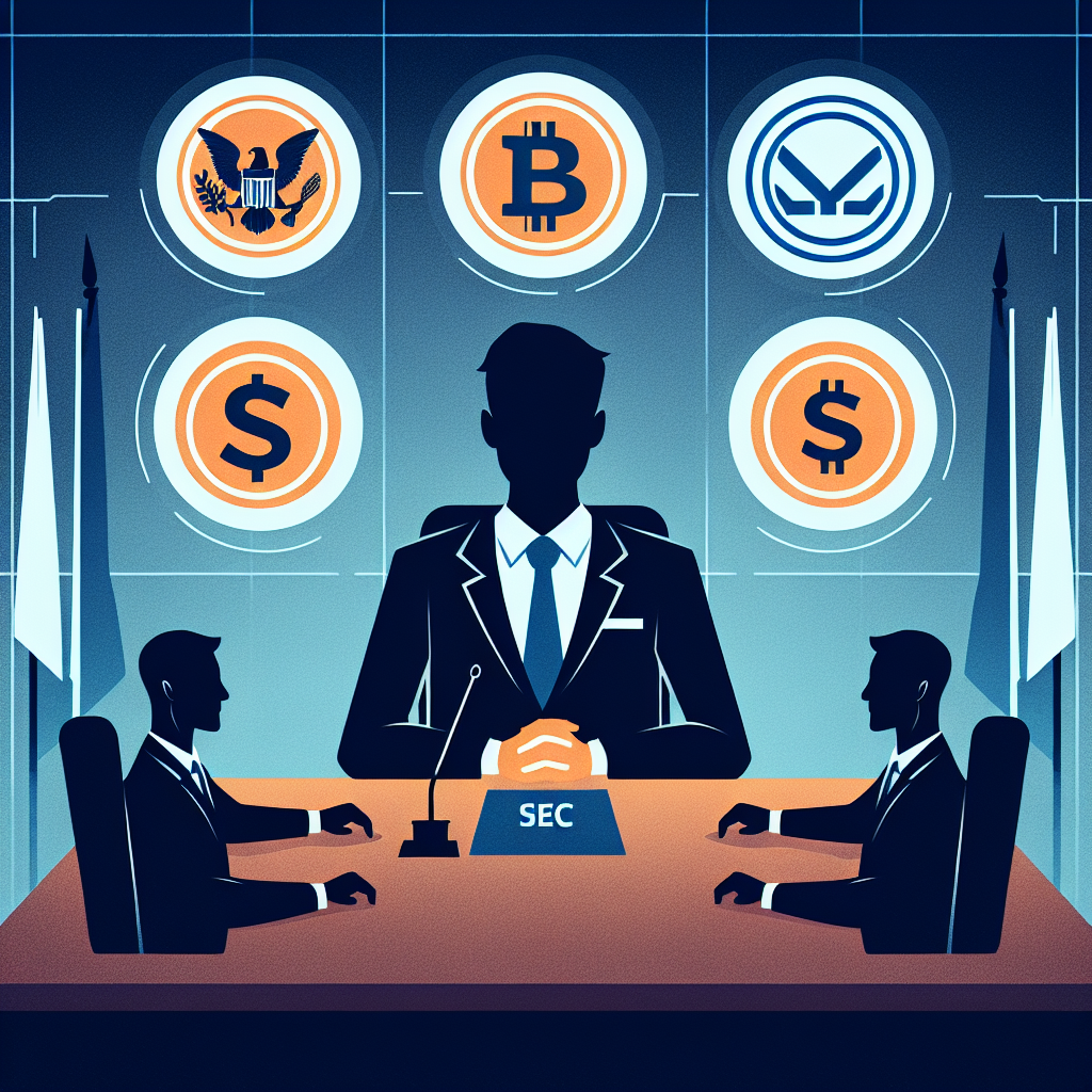 "Mike Selig leading a conference discussion with SEC and CFTC logos in the background, with cryptocurrency symbols indicating regulation; image utilizes brand colors Orange #FF9811, Dark Blue #000D43, and Midnight Blue #021B88 in logos and borders, in a 1200 x 628 pixel dimensions."