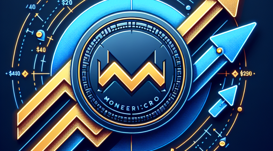 "1200x628 landscape image focused on Monero cryptocurrency coin enveloped by ascending arrows indicating price growth, with prominent 0 and 0 figures as key support and resistance levels against a deep midnight blue background. Additional graphic elements are colored in dark blue and vibrant orange in line with the brand's color palette."