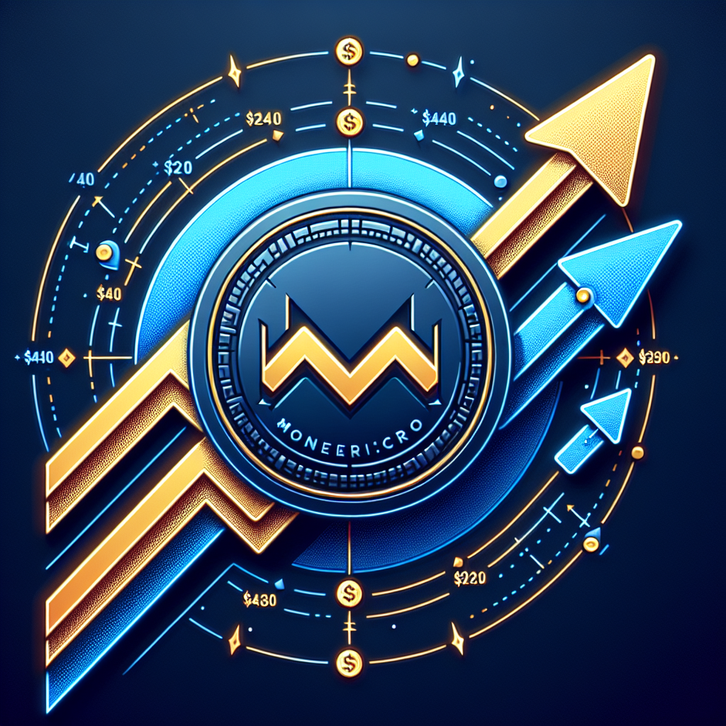 "1200x628 landscape image focused on Monero cryptocurrency coin enveloped by ascending arrows indicating price growth, with prominent 0 and 0 figures as key support and resistance levels against a deep midnight blue background. Additional graphic elements are colored in dark blue and vibrant orange in line with the brand's color palette."
