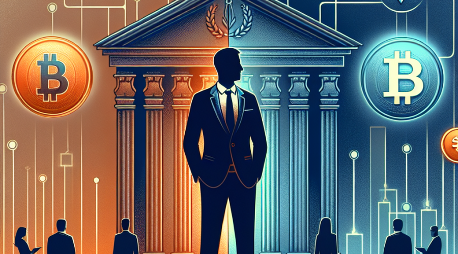 **SEO Alt-Text:** Modern illustration of a confident financial advisor at the crossroads of traditional wealth management and digital assets, set against a stylish gradient background in orange, dark blue, and midnight blue. The left side features classic finance symbols like a bank building and stock market graphs, while the right showcases dynamic digital icons for Bitcoin, Ethereum, and Solana linked to a glowing crypto fund. Diverse clients and open gates subtly highlight inclusivity, representing Morgan Stanley’s move toward mainstream crypto investing. Clean, professional, premium financial brand visual.