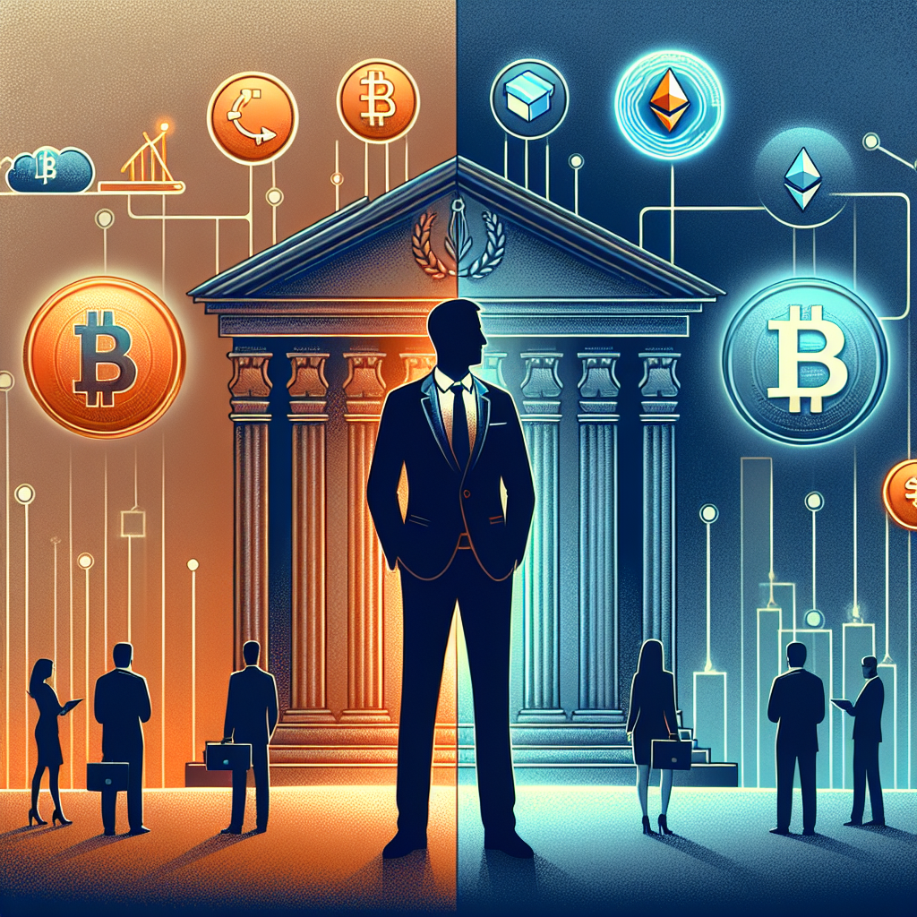 **SEO Alt-Text:** Modern illustration of a confident financial advisor at the crossroads of traditional wealth management and digital assets, set against a stylish gradient background in orange, dark blue, and midnight blue. The left side features classic finance symbols like a bank building and stock market graphs, while the right showcases dynamic digital icons for Bitcoin, Ethereum, and Solana linked to a glowing crypto fund. Diverse clients and open gates subtly highlight inclusivity, representing Morgan Stanley’s move toward mainstream crypto investing. Clean, professional, premium financial brand visual.