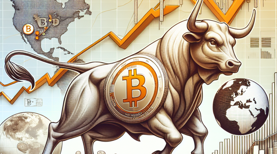 "Robust bull with Bitcoin logo charging forward amidst rising value graphs, symbolizing the global liquidity and increasing value of Bitcoin. Image also includes a representation of the Mt. Gox crypto exchange, emphasizing Bitcoin's global impact, all rendered in brand colors."