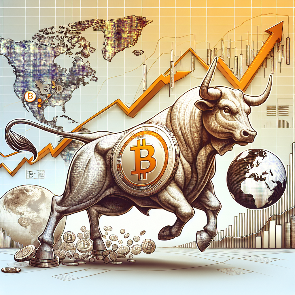 "Robust bull with Bitcoin logo charging forward amidst rising value graphs, symbolizing the global liquidity and increasing value of Bitcoin. Image also includes a representation of the Mt. Gox crypto exchange, emphasizing Bitcoin's global impact, all rendered in brand colors."