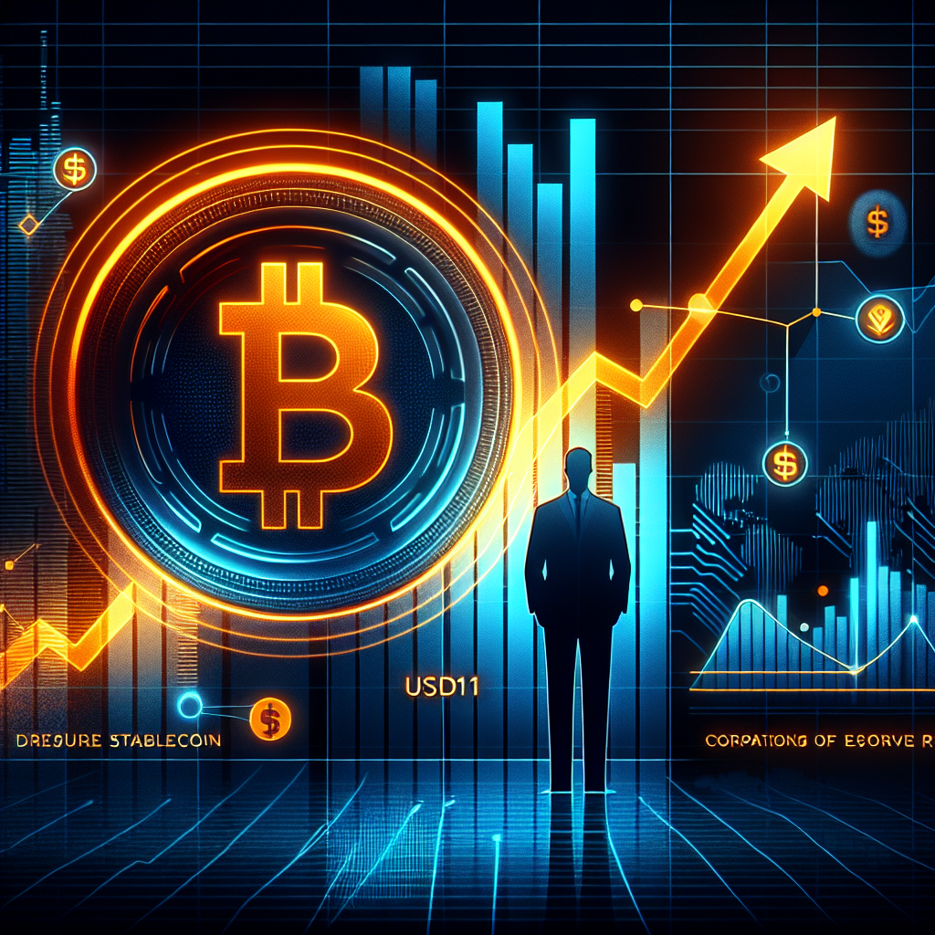 "SEO alt-text: Dark blue financial growth chart with a glowing orange line, with faintly visible logos of NYDIG, BitGo, World Liberty Financial and Binance in midnight blue color, including a symbol of USD1 Stablecoin in orange. A silhouette of President Trump accompanies these elements. The title, 'Investigation of USD1 Stablecoin - Potential Issues and Controversies', is overlaid in orange. The image features a caption at the bottom reading 'NYDIG criticizes lack of reserve report and offshore holdings'".