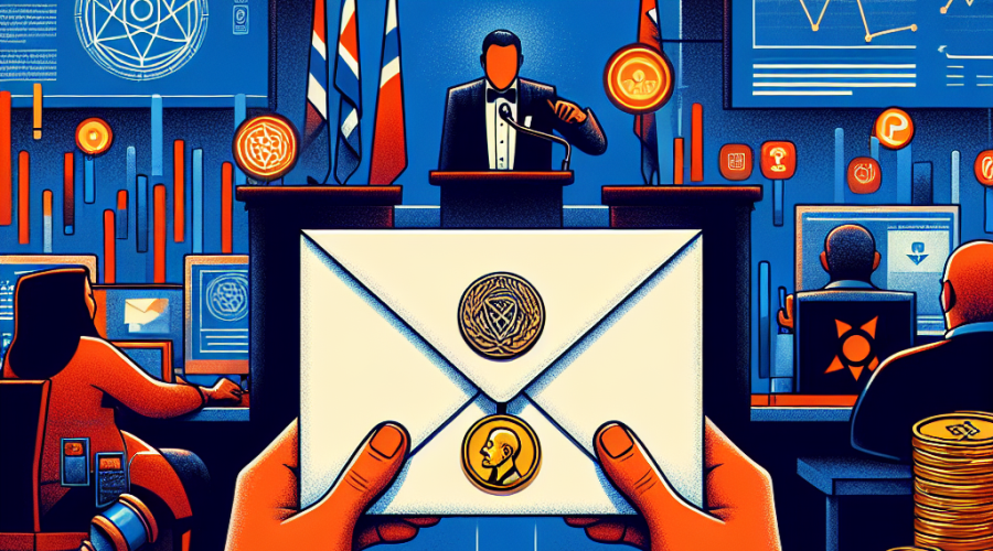 **SEO Alt-Text:** Illustration for WordPress blog post showing a confidential envelope partially revealing the Nobel Peace Prize medallion, surrounded by blockchain symbols, cryptocurrency coins, and fluctuating betting graphs. Shadowy figures discreetly exchange information and place bets at computers, all set against a sophisticated background featuring Norwegian flag colors and a palette of orange (#FF9811), dark blue (#000D43), and midnight blue (#021B88). The image conveys intrigue, cyber sophistication, and the tension between traditional Nobel values and emerging digital threats.