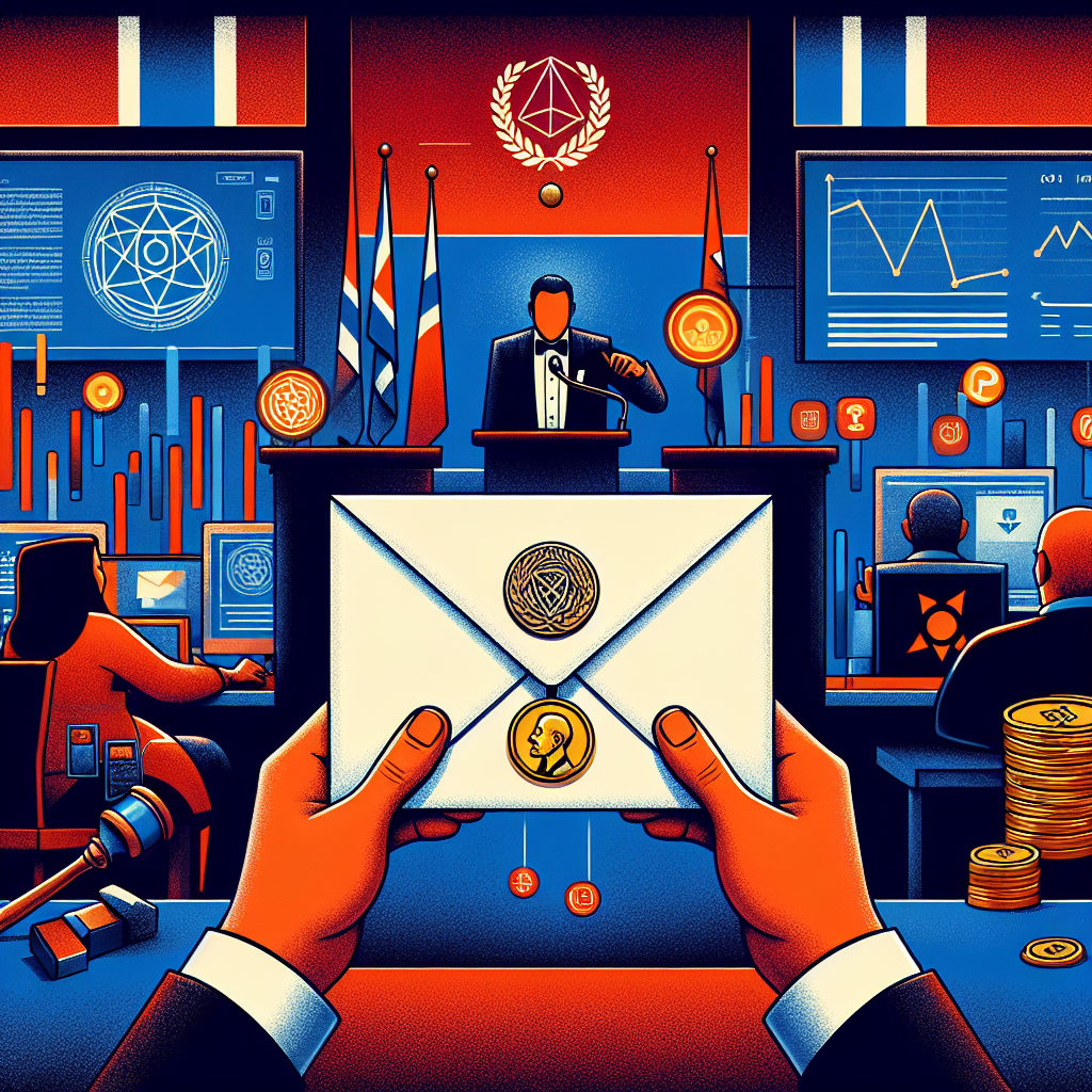 **SEO Alt-Text:** Illustration for WordPress blog post showing a confidential envelope partially revealing the Nobel Peace Prize medallion, surrounded by blockchain symbols, cryptocurrency coins, and fluctuating betting graphs. Shadowy figures discreetly exchange information and place bets at computers, all set against a sophisticated background featuring Norwegian flag colors and a palette of orange (#FF9811), dark blue (#000D43), and midnight blue (#021B88). The image conveys intrigue, cyber sophistication, and the tension between traditional Nobel values and emerging digital threats.