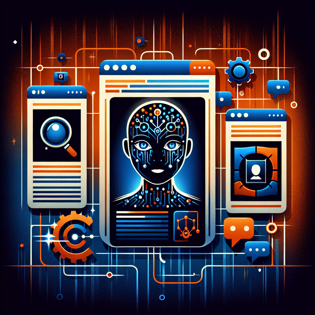 "AI-powered web browser interface with automation symbols, personal assistance chatbot, and automated tasks demonstration on an orange, dark and midnight blue background, 1200x628."