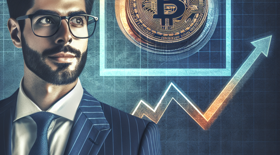 "Opendoor CEO Kaz Nejatian against a Bitcoin and house symbol backdrop, symbolizing the integration of cryptocurrency in real estate, with 'Opendoor's Crypto Move' headline in bold orange and a rising graph in the background indicating the company's stock growth."