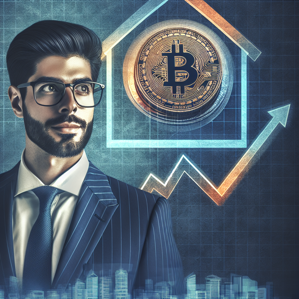 "Opendoor CEO Kaz Nejatian against a Bitcoin and house symbol backdrop, symbolizing the integration of cryptocurrency in real estate, with 'Opendoor's Crypto Move' headline in bold orange and a rising graph in the background indicating the company's stock growth."