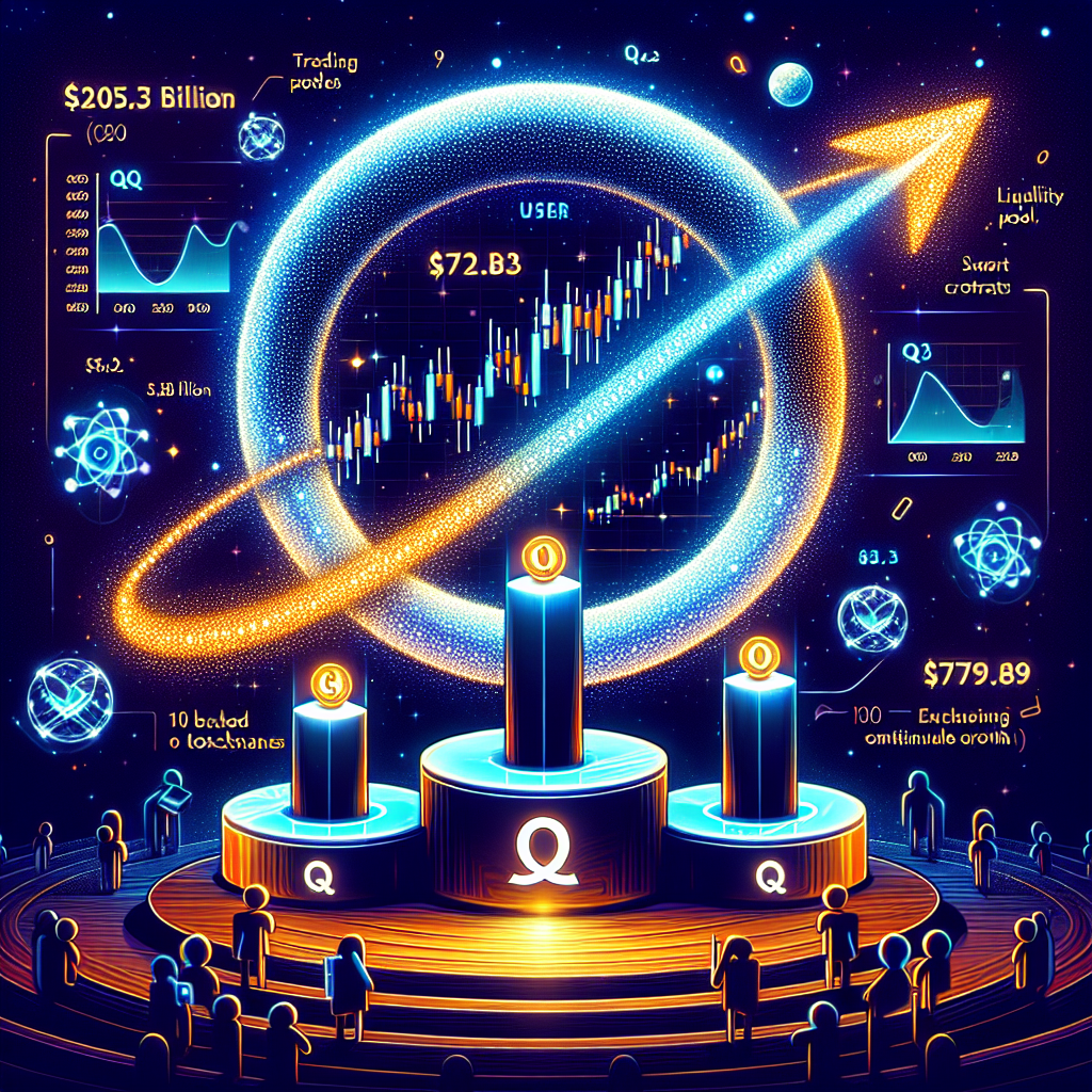 "Stylized PancakeSwap logo graphic demonstrating its consecutive growth from Q1 ($205.3 billion), Q2 ($529 billion), and Q3 ($749 billion) through rising graphs, embellished with the introduction of PancakeSwap Infinity using a sparkling infinity symbol. Design incorporates elements of smart contracts, liquidity pools, and token swapping, and represents 11.8 million users with abstract figures. Graphic also includes a placement podium placing PancakeSwap second in DEX comparison and a network background indicative of the 10 supported blockchains. Enhanced with primarily Dark Blue and Midnight Blue colours with Orange accents. Size: 1200x628 pixels."