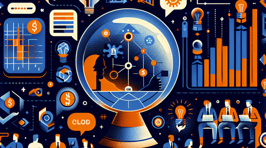 SEO Alt-text: Modern digital illustration at 1200x628 pixels illustrating the concept of prediction markets, crowd wisdom, and probabilistic thinking in finance and technology; features interconnected people exchanging insights, data graphs morphing into a crystal ball, and digital tokens—all highlighted in brand colors orange (#FF9811), dark blue (#000D43), and midnight blue (#021B88); conveys accuracy, process over outcome, and synergy of human judgment with digital innovation for a fintech blog.