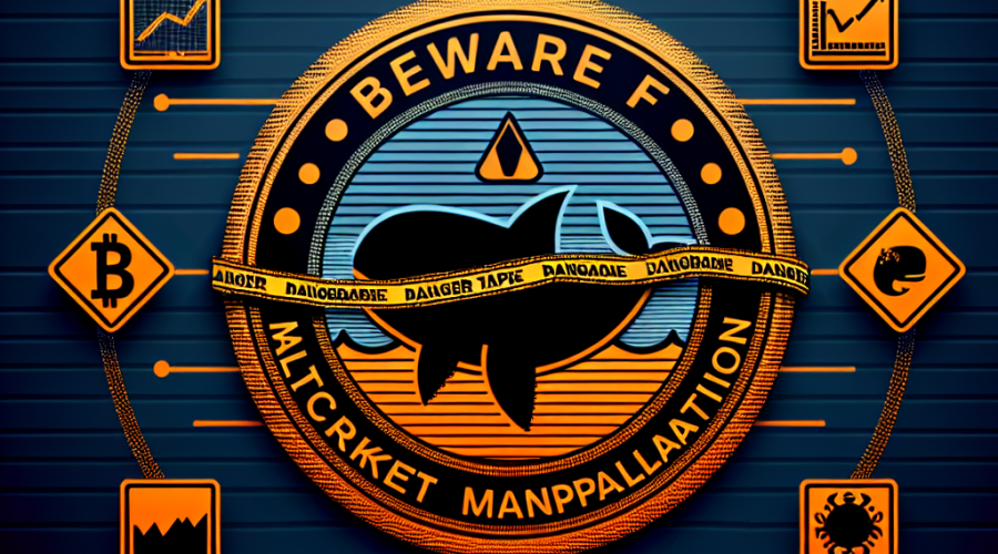 "Bold graphic denoting caution about altcoin market manipulation featuring a digital coin wrapped in danger tape against a gradient Dark Blue to Midnight blue background. Includes indicators of market manipulation such as sudden price surge graphics, social media symbols, and a whale emoji in the brand's vivid Orange color."