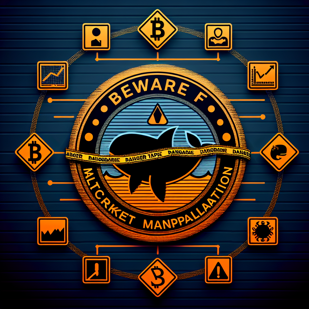 "Bold graphic denoting caution about altcoin market manipulation featuring a digital coin wrapped in danger tape against a gradient Dark Blue to Midnight blue background. Includes indicators of market manipulation such as sudden price surge graphics, social media symbols, and a whale emoji in the brand's vivid Orange color."