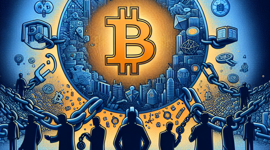 "SEO alt-text: Illustration of Bitcoin's evolution from a symbol of decentralized freedom to centralization, dominated by shadowy figures representing crypto exchanges, corporations, and whales, painted in contrasting hues of hopeful Orange and sombre Dark and Midnight Blue, portraying the conflict between cryptocurrencies' original vision and current reality in a 1200x628 px image."