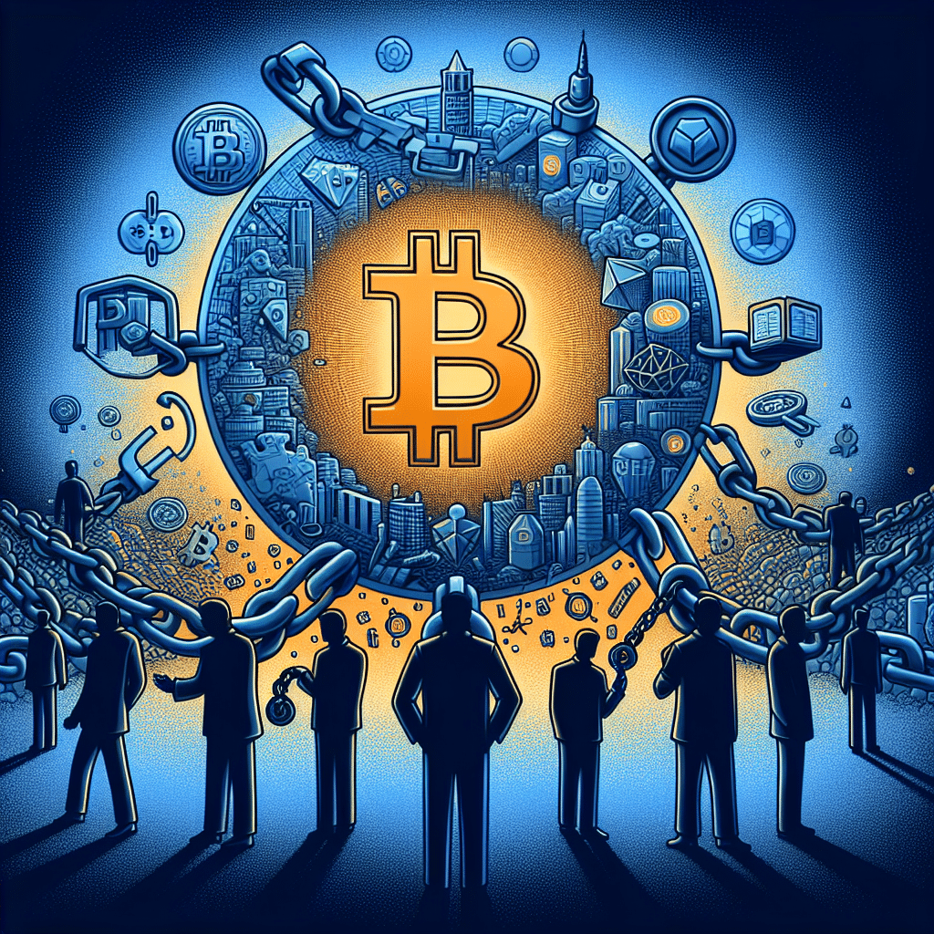 "SEO alt-text: Illustration of Bitcoin's evolution from a symbol of decentralized freedom to centralization, dominated by shadowy figures representing crypto exchanges, corporations, and whales, painted in contrasting hues of hopeful Orange and sombre Dark and Midnight Blue, portraying the conflict between cryptocurrencies' original vision and current reality in a 1200x628 px image."