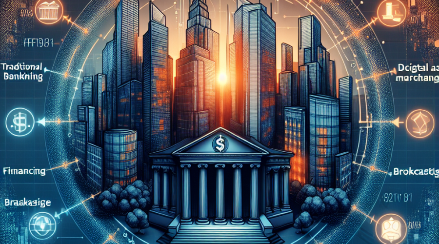"Panoramic view of Ripple Prime headquarters awash in the vibrant company colors, Orange (#FF9811), Dark Blue (#000D43), and Midnight Blue (#021B88). The foreground features a compelling design representing the exchange between traditional banking and digital assets, with various financial operations such as clearing, financing, brokerage, across digital assets, derivative swaps, forex, and fixed income products. The subtle integration of Ripple USD stablecoin symbol underscores its crucial role in this interpretation. The composition is sealed with the Ripple Prime logo as a stamp of authority on the dawn of new age in cryptocurrency business."