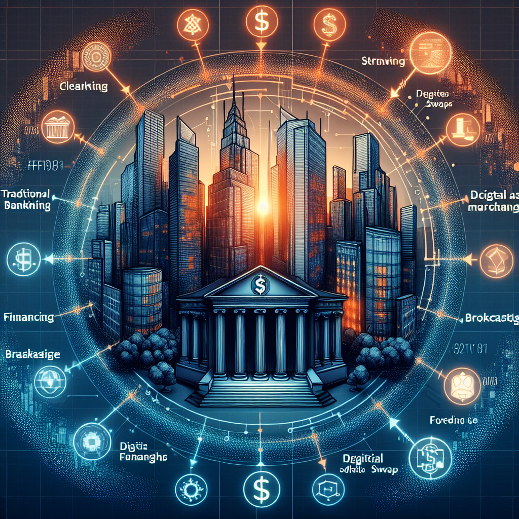 "Panoramic view of Ripple Prime headquarters awash in the vibrant company colors, Orange (#FF9811), Dark Blue (#000D43), and Midnight Blue (#021B88). The foreground features a compelling design representing the exchange between traditional banking and digital assets, with various financial operations such as clearing, financing, brokerage, across digital assets, derivative swaps, forex, and fixed income products. The subtle integration of Ripple USD stablecoin symbol underscores its crucial role in this interpretation. The composition is sealed with the Ripple Prime logo as a stamp of authority on the dawn of new age in cryptocurrency business."