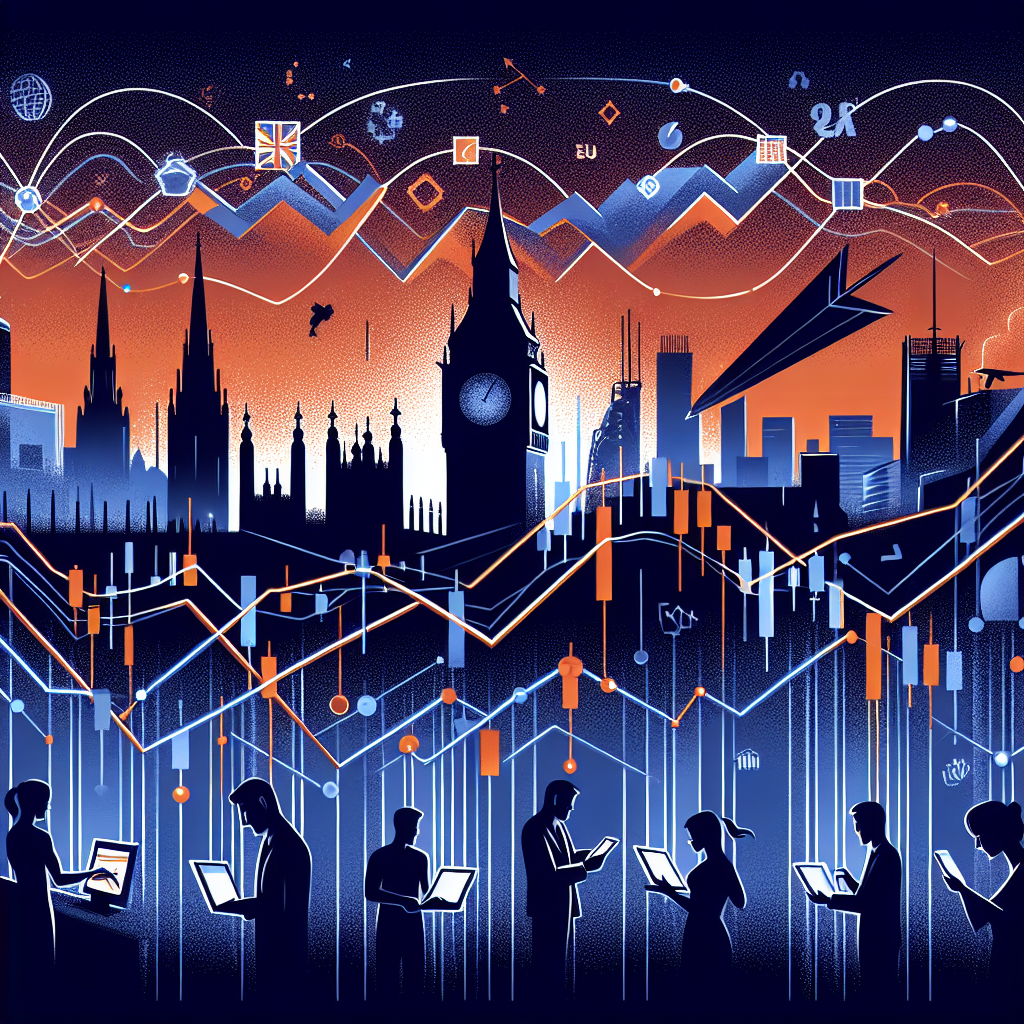SEO Alt-text: Digital illustration sized 1200x628 pixels, featuring interconnected financial charts and market graphs bridging the skylines of the United Kingdom and EU with the Robinhood logo. Uses a sleek color palette of bright orange (#FF9811), dark blue (#000D43), and midnight blue (#021B88). Silhouettes of diverse retail investors engage with smartphones and tablets amid digital waves and network lines, visually symbolizing the connection and innovation between traditional European finance and modern digital prediction markets. The clean, vibrant design represents regulatory trust and the evolution of fintech and democratized retail trading in Europe.